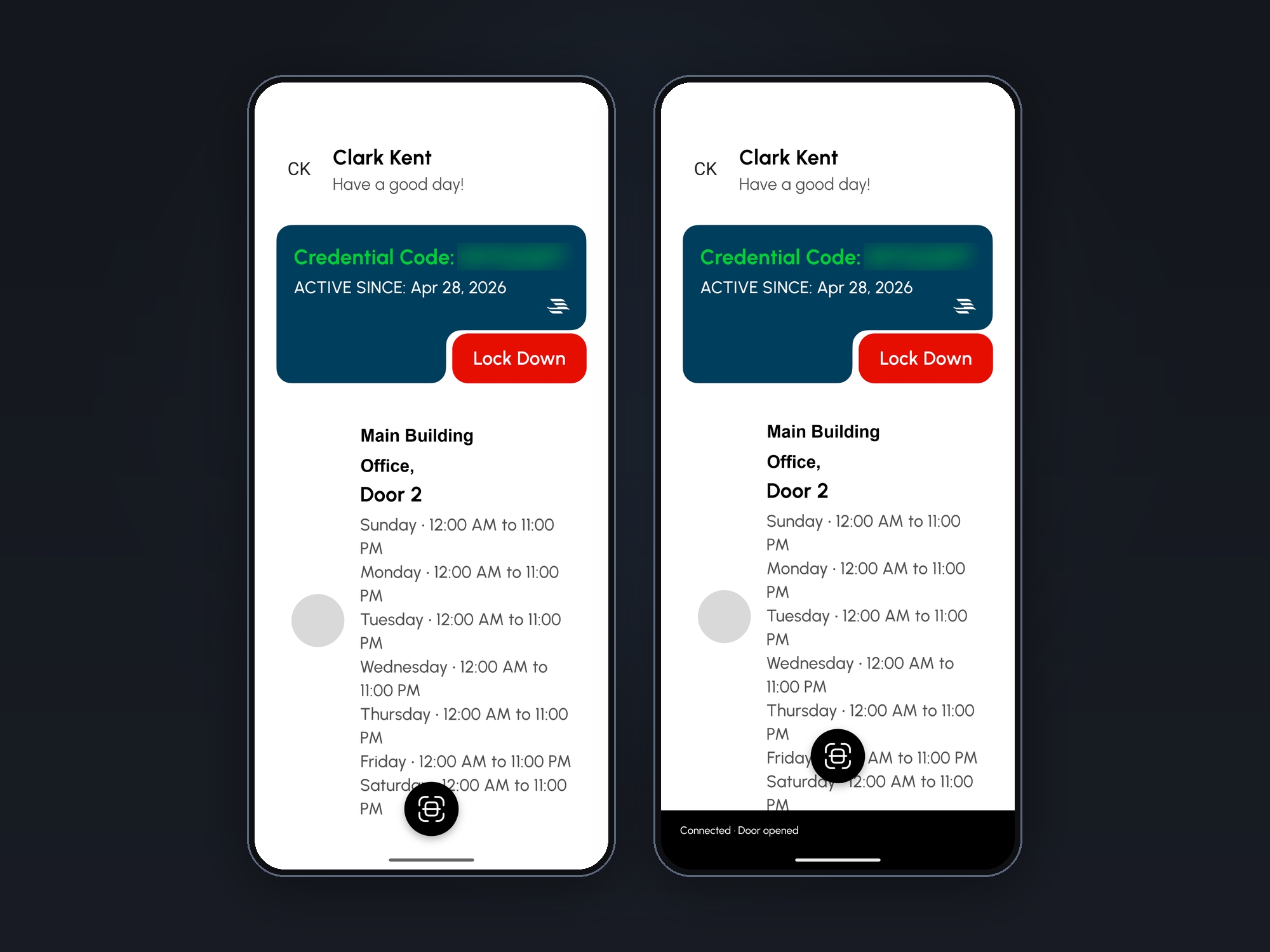 Assigned doors with access schedules; tap to open